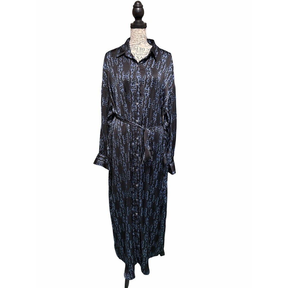 Banana Republic Tie Waist Long Sleeve Maxi Shirt  Black/Blue Sz XL Whimsical